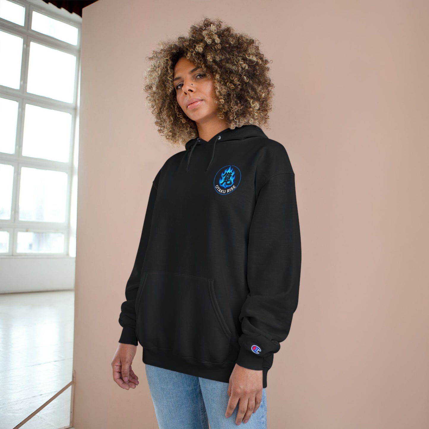 Otaku Rise Champion Hoodie, Anime Sweatshirt, Geek Gift, Cozy Apparel, Streetwear for Anime Fans, Unique Gift Idea