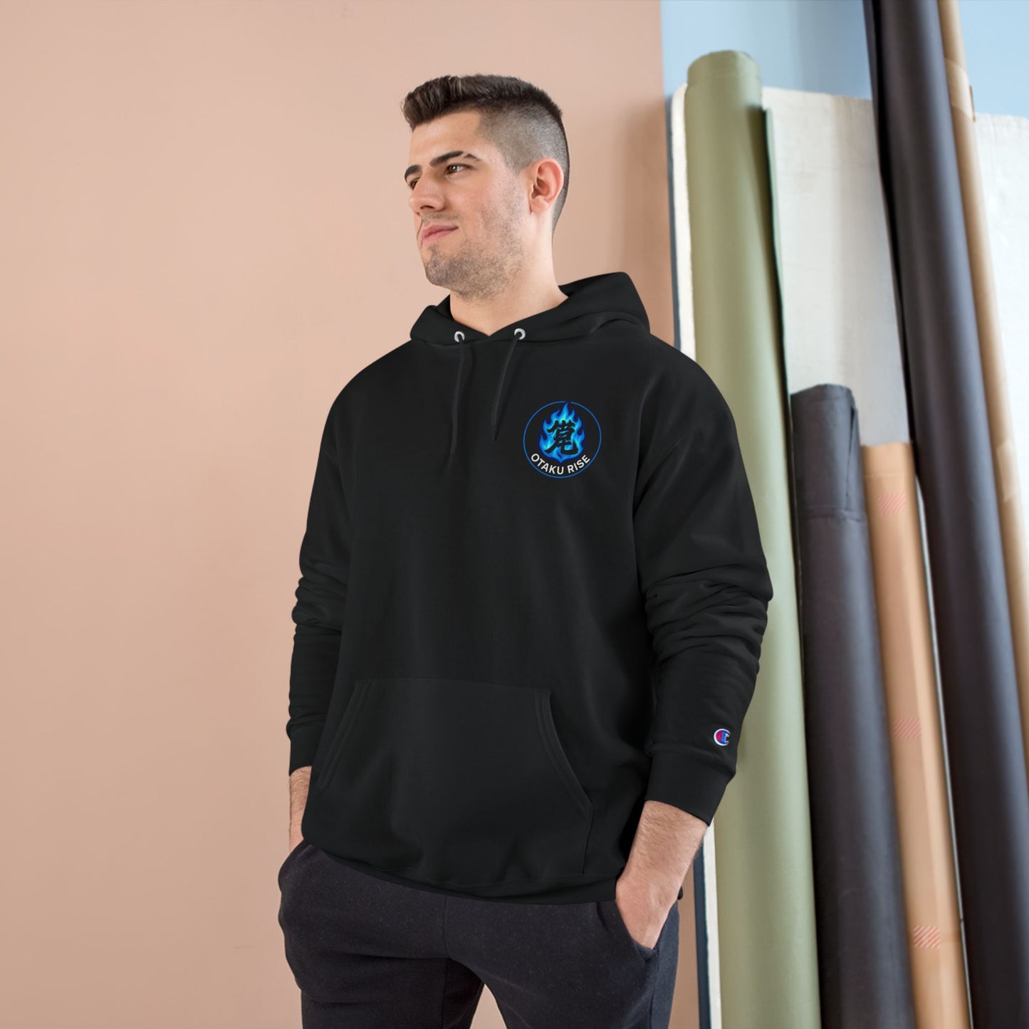 Otaku Rise Champion Hoodie, Anime Sweatshirt, Geek Gift, Cozy Apparel, Streetwear for Anime Fans, Unique Gift Idea